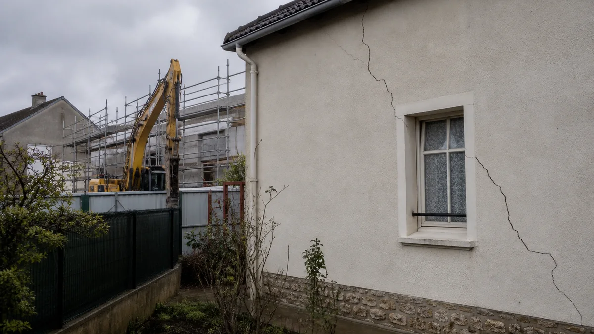 Façade fissurée d'une maison au premier plan avec un chantier de construction voisin visible derrière une clôture, pelleteuse et échafaudage