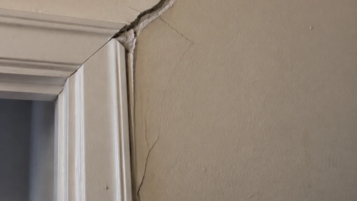 Fissure fine partant d'un angle de chambranle de porte le long d'un mur intérieur, signe typique de mouvement de structure