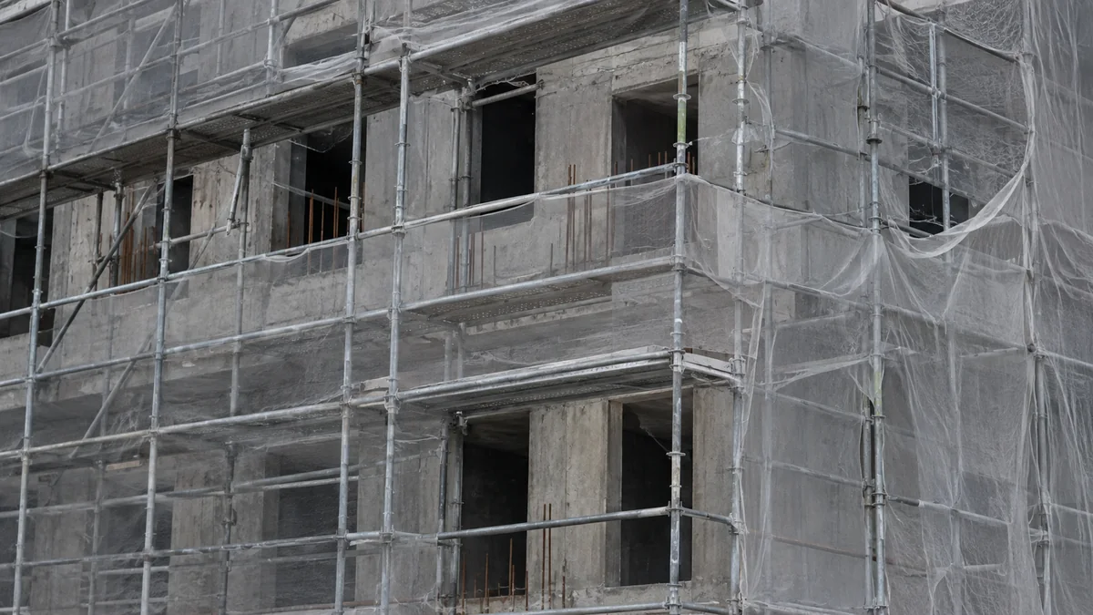 Échafaudages métalliques recouvrant la façade d'un bâtiment résidentiel neuf, chantier visiblement inachevé