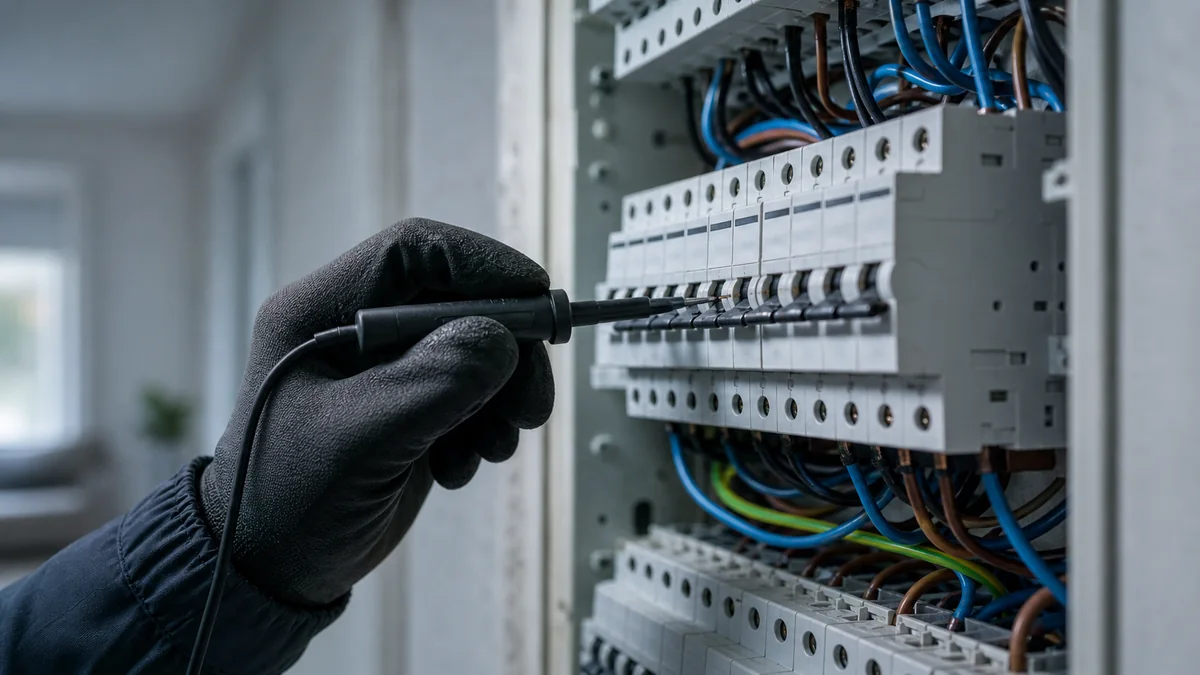 Diagnostiqueur immobilier contrôlant une installation électrique dans le tableau d'un pavillon francilien en amont de la mise en vente