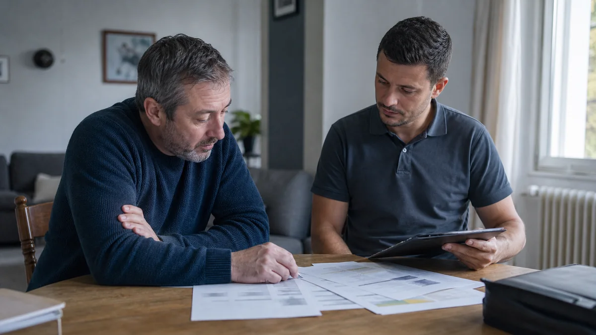 Propriétaire consultant des documents de diagnostic immobilier avant la vente de son bien