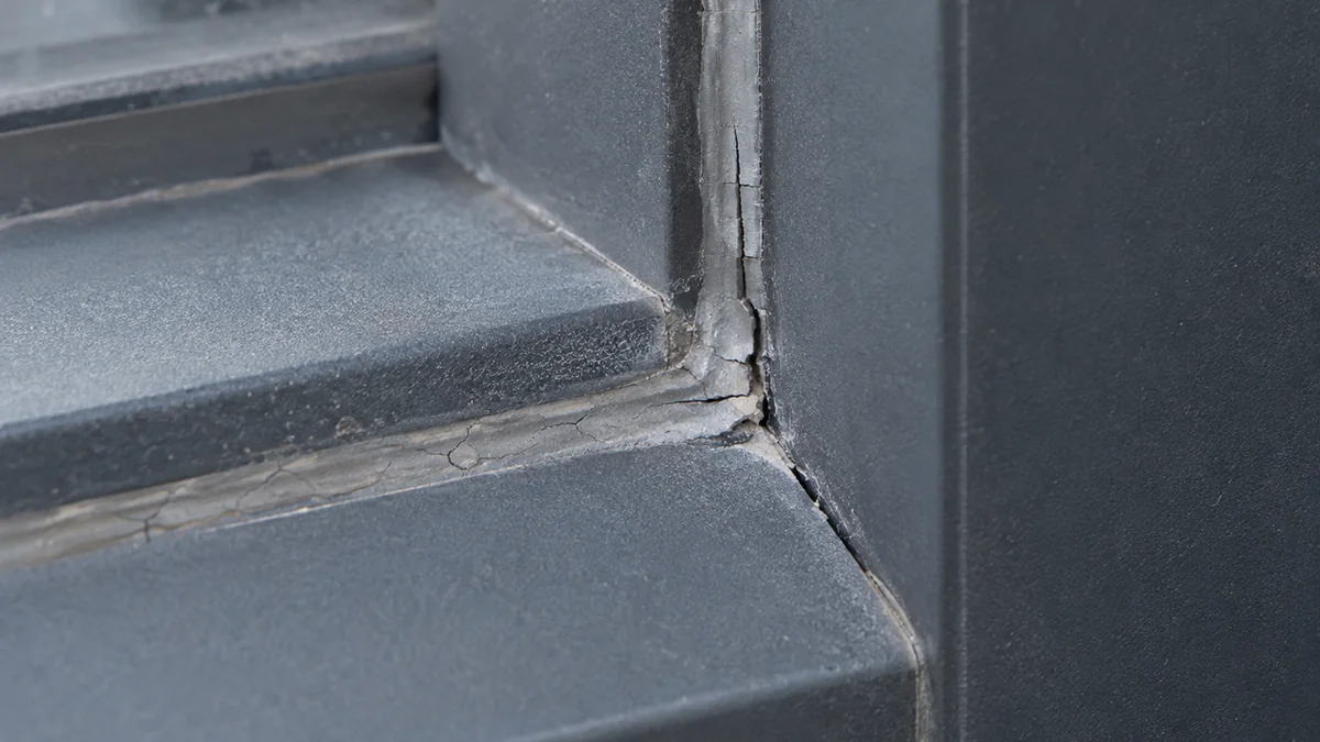 Gros plan macro sur un joint de silicone fissuré et rétracté à l'angle de deux profilés aluminium anthracite d'une véranda
