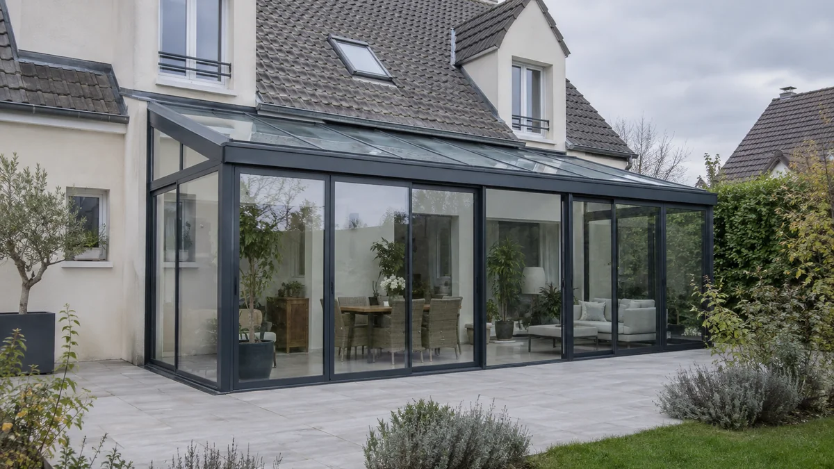 Véranda aluminium moderne accolée à l'arrière d'une maison, sous un ciel gris couvert, vue depuis le jardin