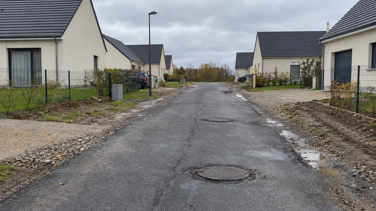 Rue d'un lotissement récent en Seine-et-Marne restée en couche d'enrobé provisoire, sans bordures ni trottoirs, avec deux regards de chaussée qui dépassent de quelques centimètres, des flaques et des pavillons neufs de part et d'autre