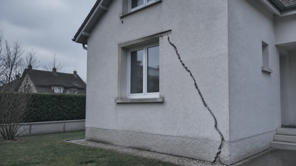 Façade enduite d'un pavillon avec une fissure diagonale profonde partant de l'angle d'une fenêtre jusqu'au soubassement, ciel gris et couvert, jardin en arrière-plan