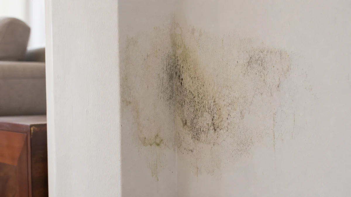 Tache d'humidité et traces de moisissure visibles dans l'angle d'un mur intérieur, sans aucune personne dans le cadre