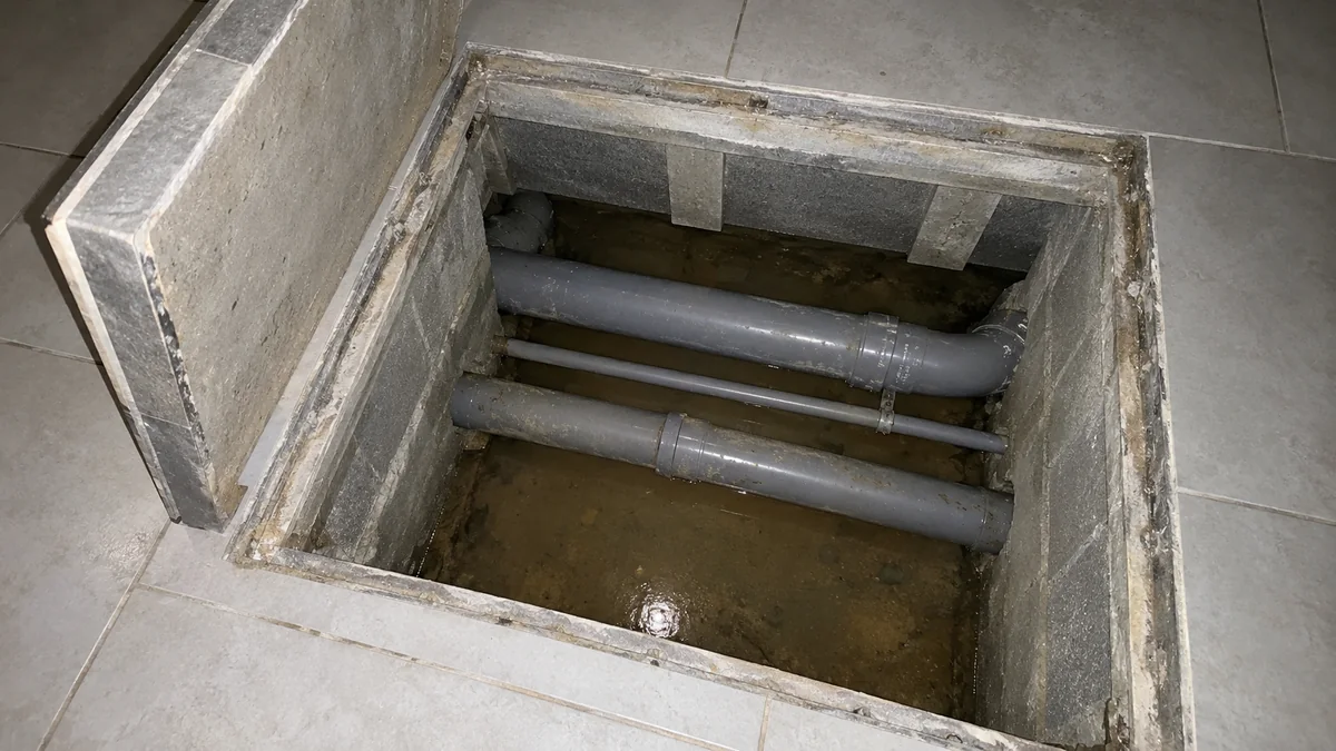 Trappe de visite ouverte dans un carrelage gris clair, le couvercle carrelé relevé contre le bord : au fond du vide sanitaire, une eau trouble et brunâtre stagne sous deux canalisations PVC grises et un tube plus fin, entre des murs de parpaing tachés d'humidité