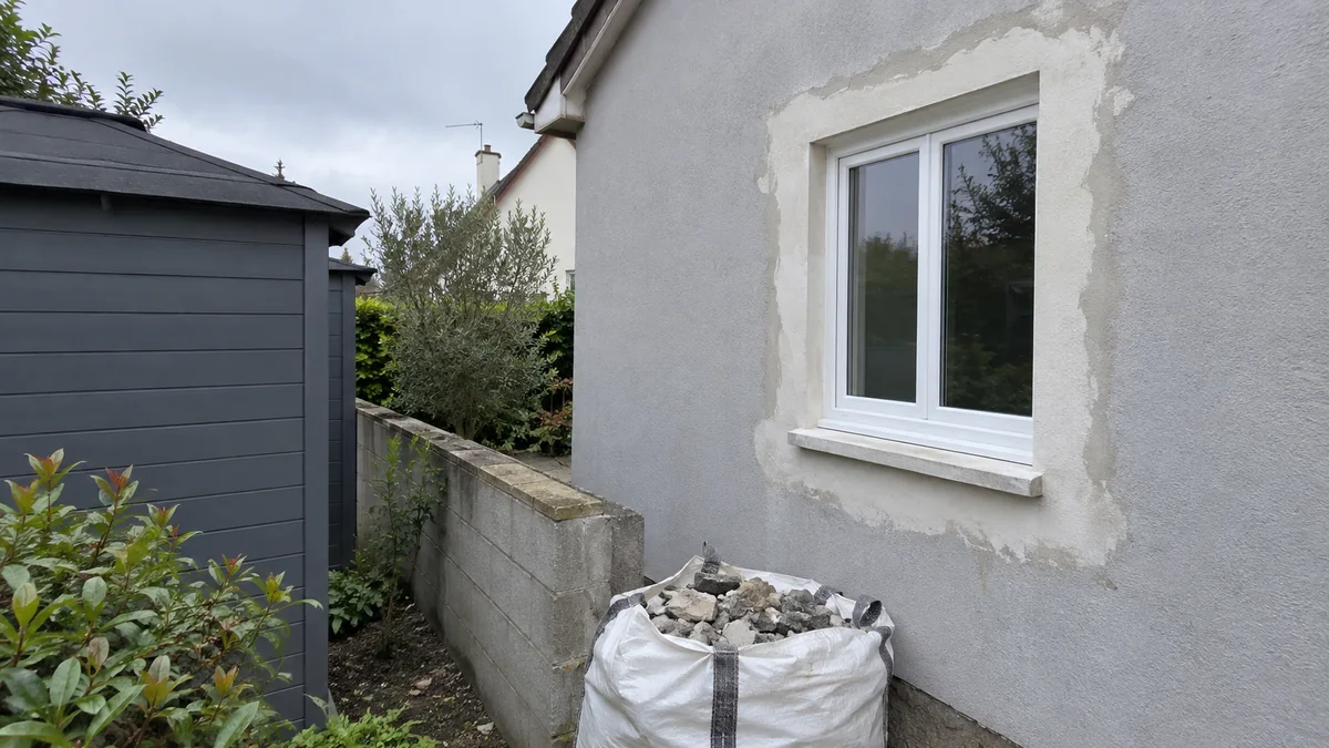 Pignon enduit d'une maison dans lequel une fenêtre en PVC blanc vient d'être percée, encadrement d'enduit frais encore visible, big bag de gravats au pied du mur, muret et abri de jardin du voisin à moins de deux mètres