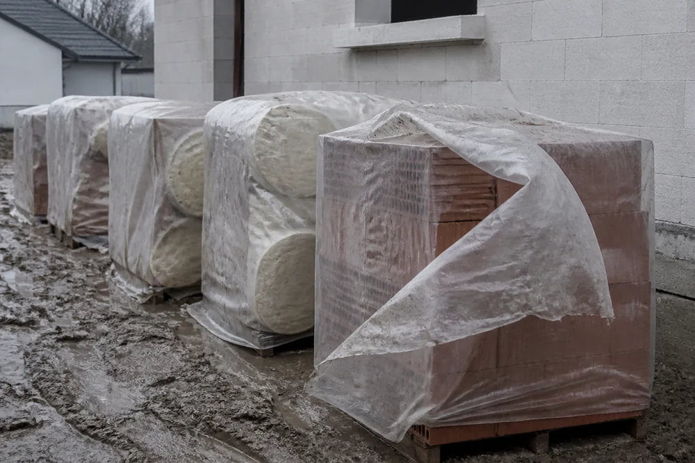 Palettes de matériaux de construction sous housse plastique abandonnées sur un chantier boueux, devant une maison en parpaings dont les ouvertures restent béantes