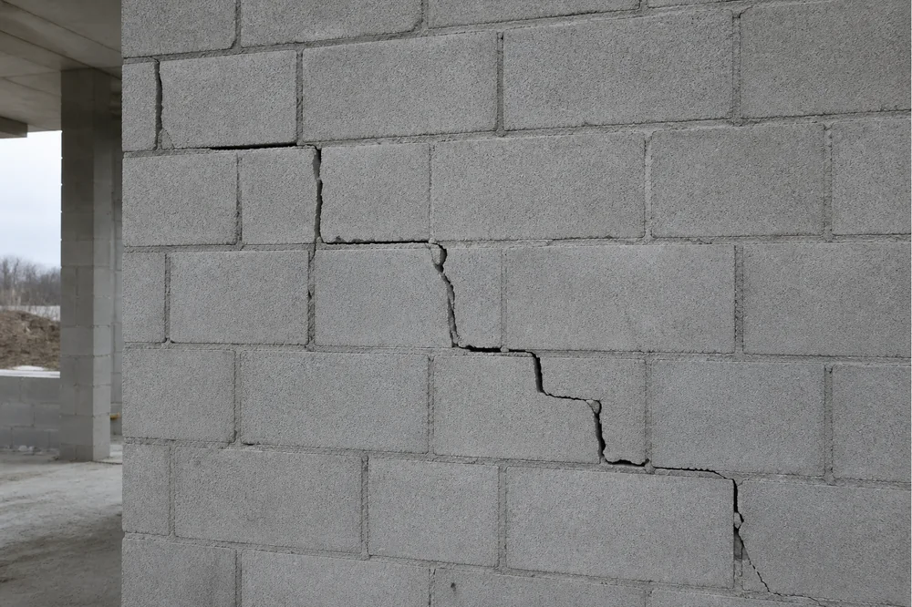Fissure en escalier traversant les joints d'un mur de parpaings sur un chantier de gros œuvre inachevé