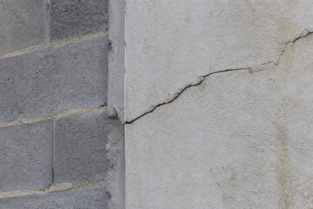 Gros plan sur une fissure diagonale nette au raccord entre le mur d'une extension récente en parpaings et la façade ancienne enduite d'une maison, signe de tassement différentiel