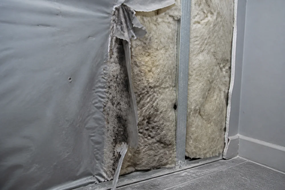 Isolation en laine de verre exposée derrière un pare-vapeur déchiré, tache d'humidité et moisissure le long de la déchirure, aucune personne visible