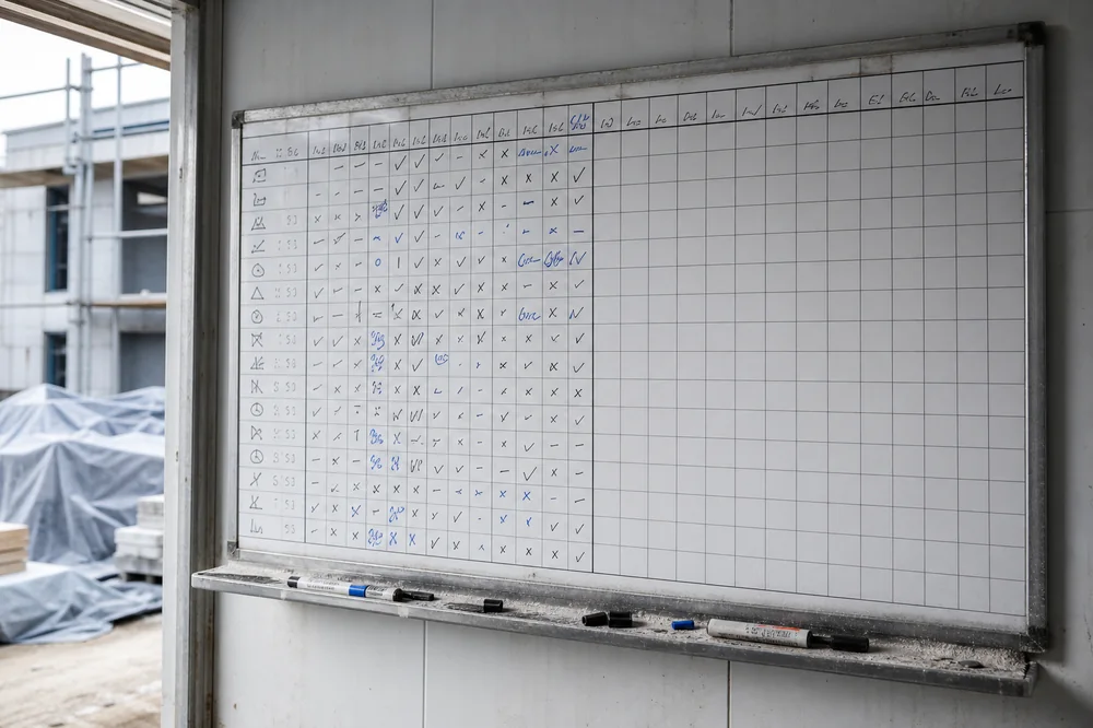 Panneau de planning de chantier avec les premières semaines cochées au feutre puis les colonnes suivantes restées vierges, feutres et poussière sur le rebord