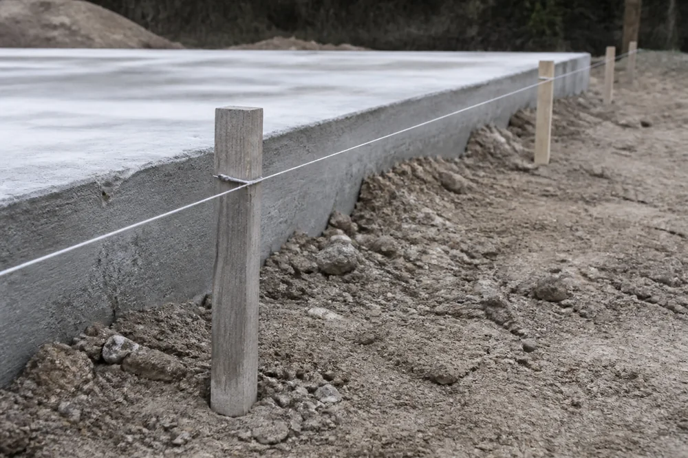 Piquets de chantier et cordeau tendu le long d'une fondation en cours de contrôle d'implantation, terrain nu, ciel couvert, aucune personne visible